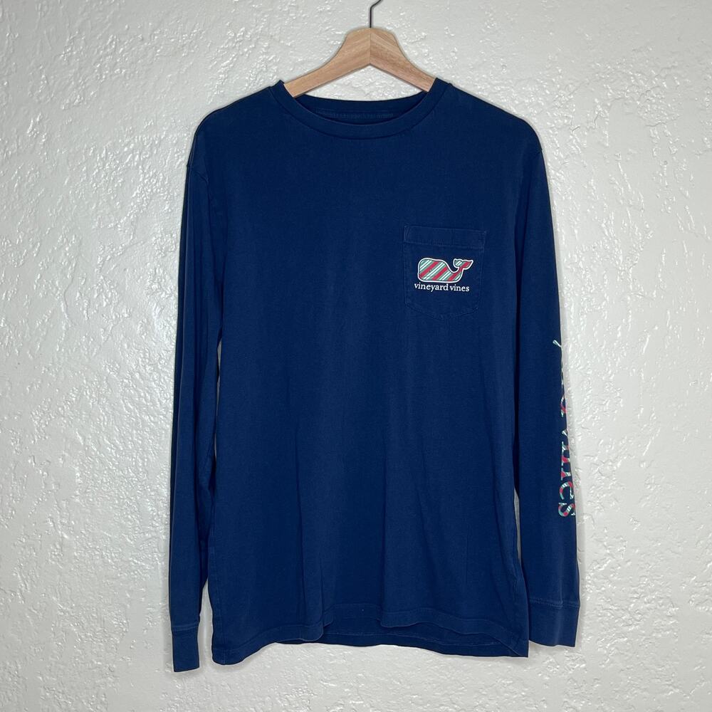 Vineyard Vines Men's Candy Cane Whale Long Sleeve Pocket Tee Navy Size Medium